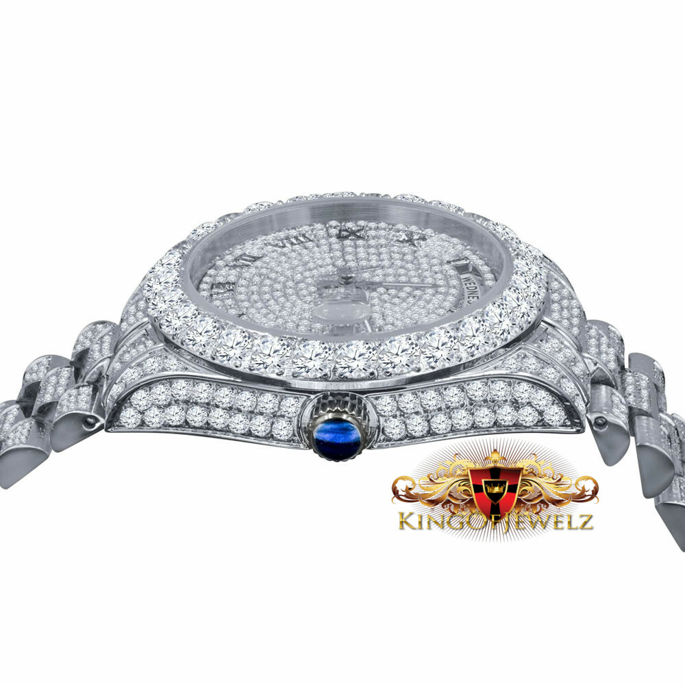 Pre-owned Bling Master 18k White Gold Finish Solid Stainless Steel Day Date Roman Dial Solitaire Bezel