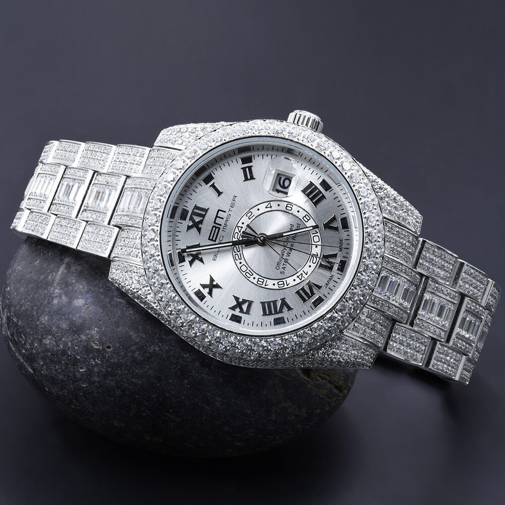 Pre-owned Bling Master - Knight White Gold Tone Finish Stainless Steel Simulated Diamond 42mm Men's Watch W/date
