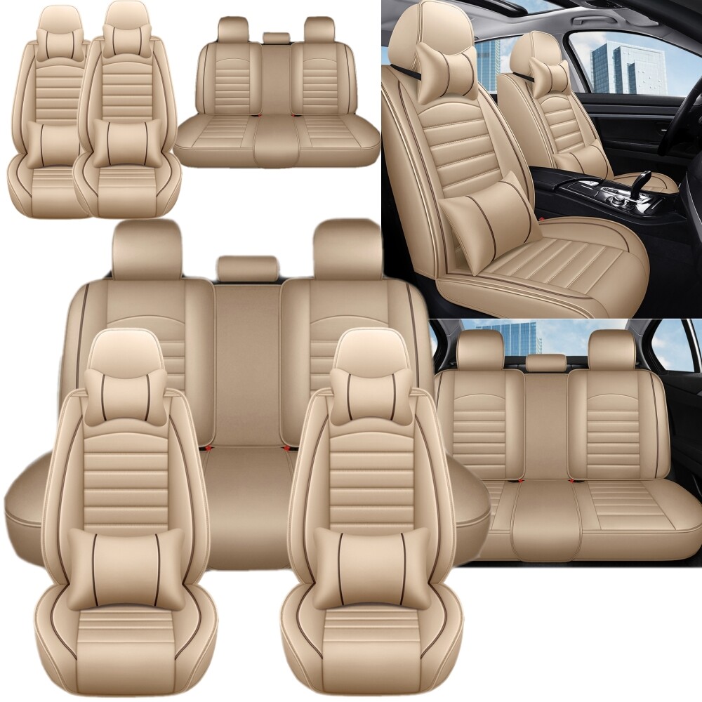 5-Seats Car Seat Covers PU Leather Front + Rear Cushion Full Set Universal Beige
