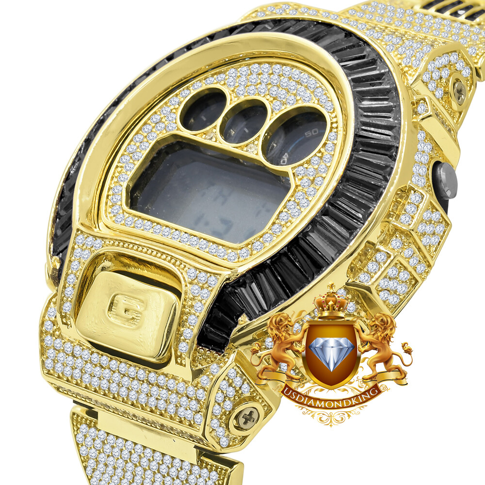 Pre-owned Usdiamondking Baguette Onyx Black 14k Gold Finish Casio Shock Authentic Dw-6900 Custom Watch