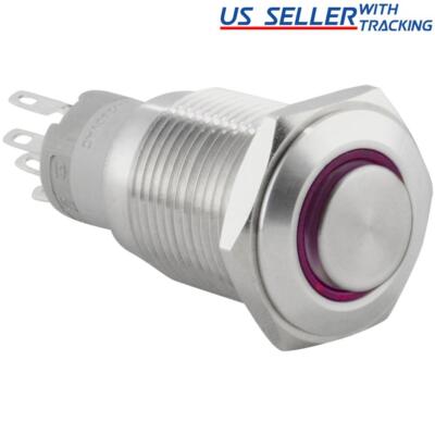 16mm Latching Push Button Power Switch Stainless Steel w/ Purple LED Waterproof