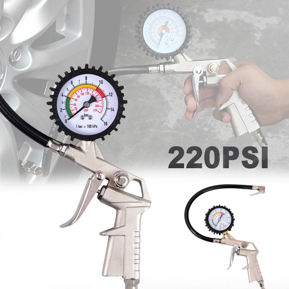 Tire Inflator 220 Psi With Pressure Gauge Rubber Hose Air Chuck