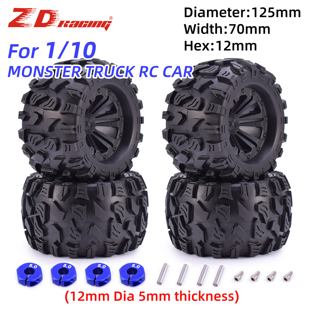 4x ZD Racing Wheels Tires 12mm Hex for 1/10 Monster Truck Tr