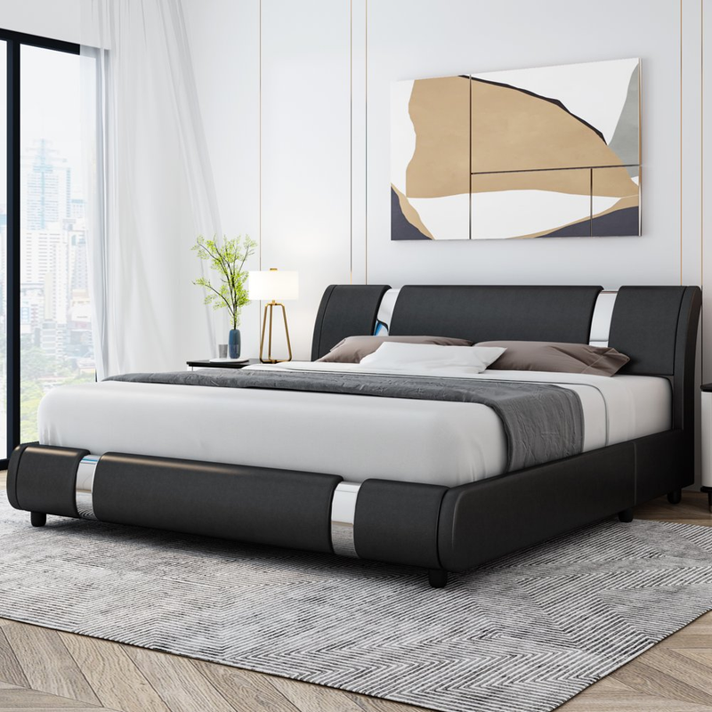 Upholstered Platform Bed Full Modern Faux Leather Wooden Slats Curved Headboard