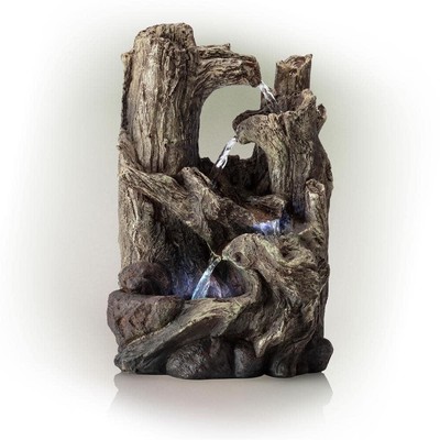 Alpine Corporation Water Fountain 14'' Rustic Tabletop Tiered Log Resin Beige