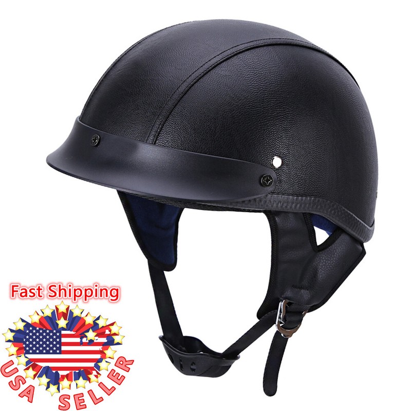 DOT Retro German Black Leather Motorcycle Half Face Helmet Chopper Cruiser Biker