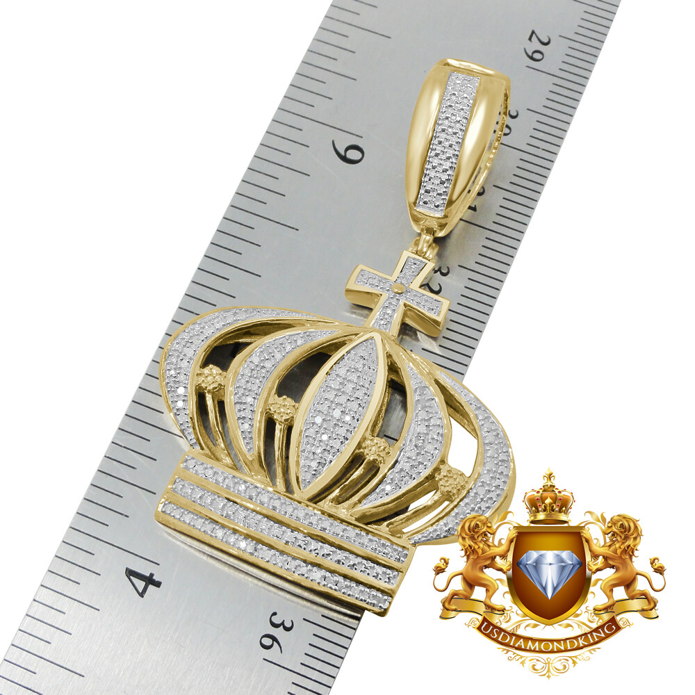 Pre-owned Us Diamond King Real Genuine Diamond Kings Crown Cross Pave Charm Pendent 10k Yellow Gold Finish