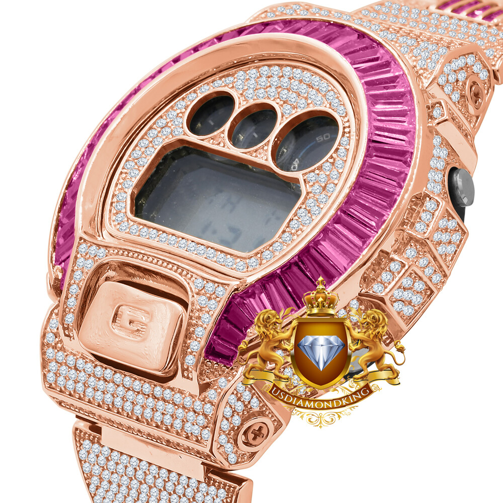 Pre-owned Usdiamondking Baguette Pink Tourmaline Rose Gold Casio Shock Authentic Dw-6900 Custom Watch
