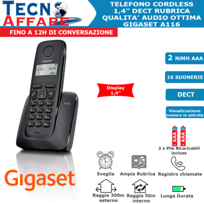 Telefono Cordless Display 1.4" Dect Rubrica Sveglia Gigaset A116 Nero