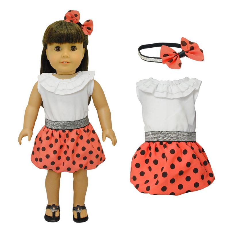 Doll Clothes - Red Polka Dots Dress with Head Band Set Fits American Girl Doll,
