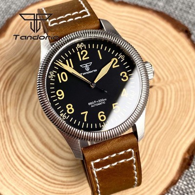 Tandorio 39MM Automatic NH35 Watch Men's Waterproof Leather Pilot Luminous Diver
