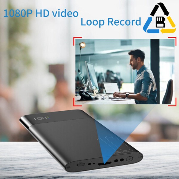 Portable HD camera advertising image with office background.