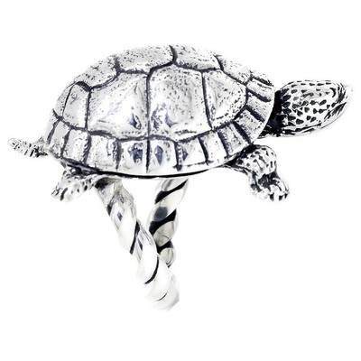 Pre-owned Silver 42mm Turtle Rope Ring With Black In Sterling