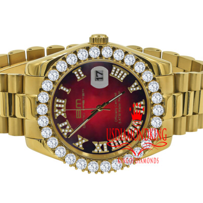 Pre-owned Bling Master Mens Full Steel Red Dial 18k Gold Tone Simulated Diamond Presidential Watch 42mm