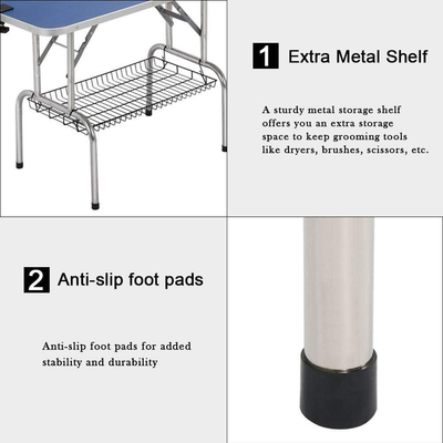 Folding Pet Grooming Table, Stainless Legs, Blue Rubber Top, Fits Basket