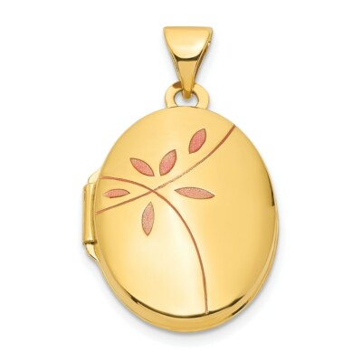 Pre-owned Superdealsforeverything Real 14kt Yellow Gold Enamel Leaves 19mm Oval Locket