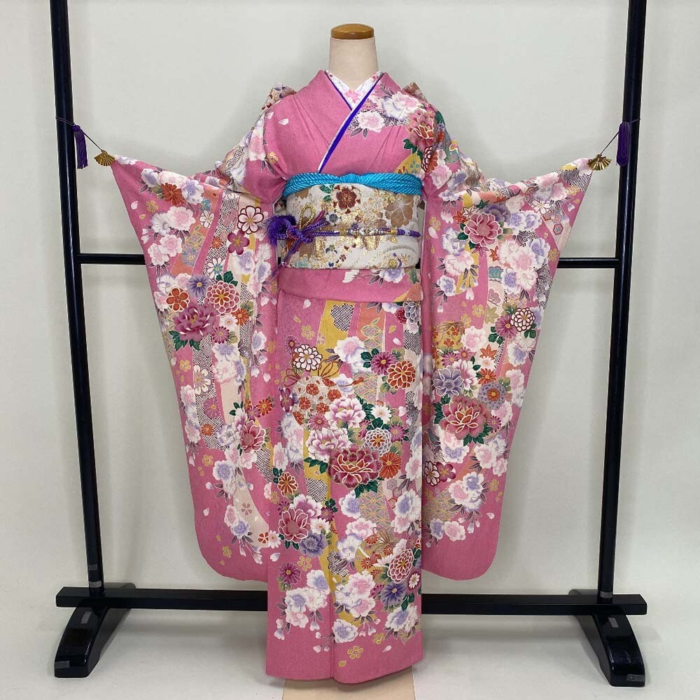 kimono☆ 1日出品　0608 Furisode 6-piece set Japanese Kimono obi Pink floral Free