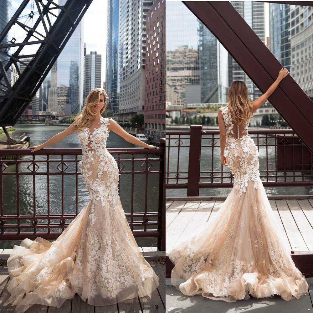 Champagne Wedding Dresses Mermaid Sweetheart Shore Sleeves Lace