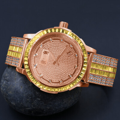 Pre-owned Ice House Canary Solid Steel Bezel Watch Rose Gold Real Diamond Dial Custom Band W/date