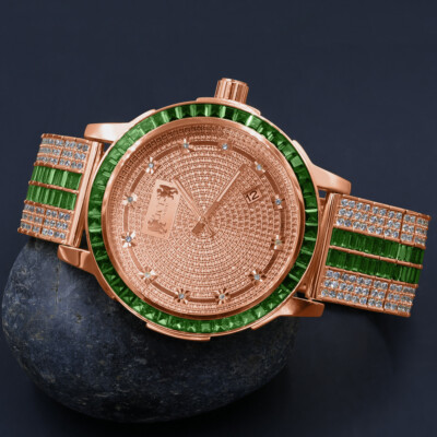Pre-owned Ice House Emerald Green Stainless Steel Bezel Watch 18k Rose Gold Real Diamond Dial W/date