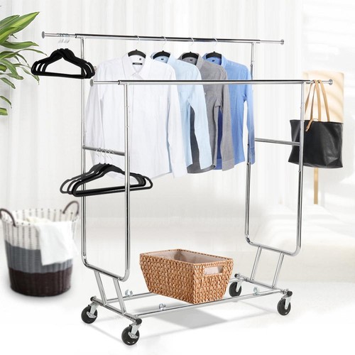 Rolling Adjustable Clothes Rack Double Bar Rail Garment Garm