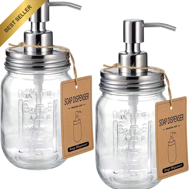2 Pk Foaming Soap Dispensers Graduated Glass Jar Stainless Pump
