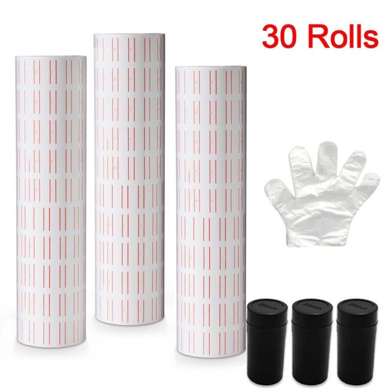 30 Rolls White Red Line Price Tags Labels For MX-5500 Gun Labeller Sticker + Ink