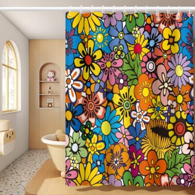 Bohemia Colorful Flowers Bathroom Shower Curtain Funky Retro Hippie 60s 70s A