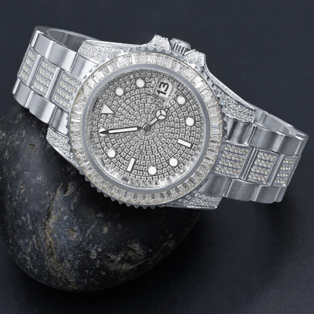 Pre-owned Bling Master 18k Solid Steel White Gold Baguette Simulated Diamonds W/date 40 Mm Men's Watch
