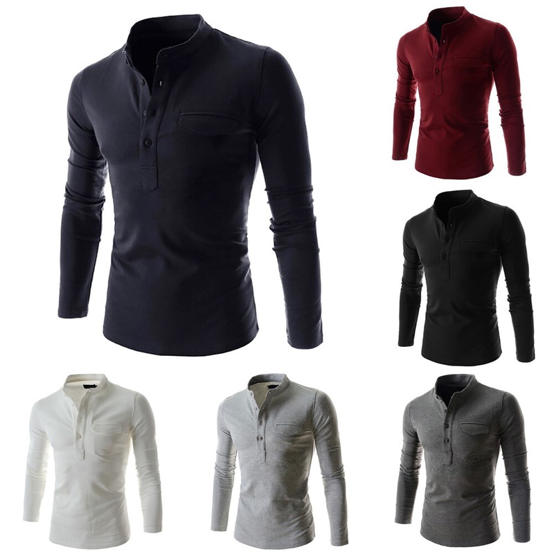 Herren Langarm Poloshirts Slim Fit Hemd mit Knopf Freizeit Hemden Business Tops