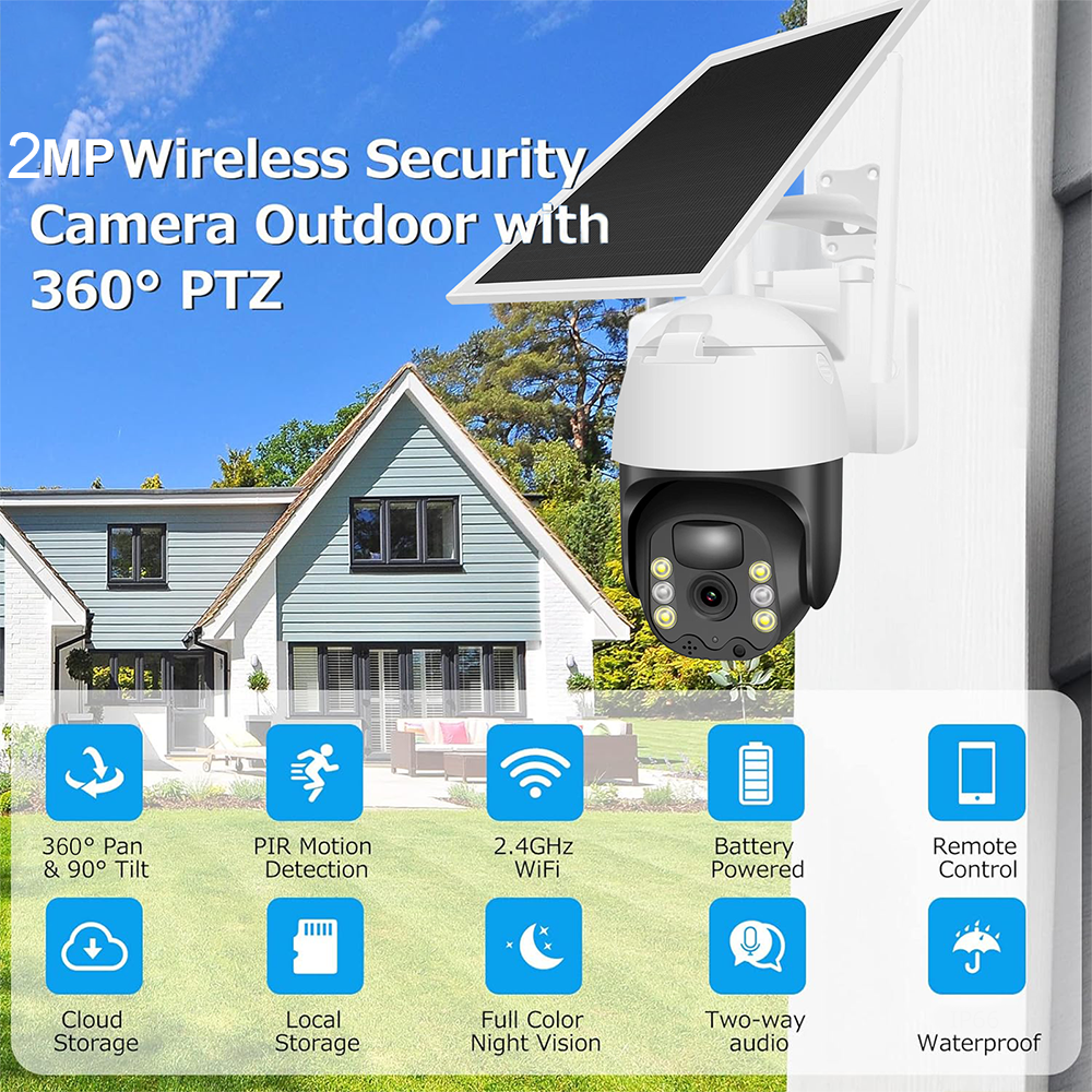 Wireless Solar Battery Powered Wifi Outdoor Pan/Tilt Home Security Camera System