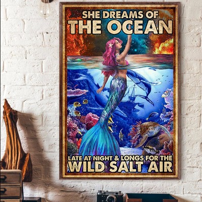 Mermaid She Dreams Of The Ocean Wild Salt Air Mermaids Moon And Star Poster