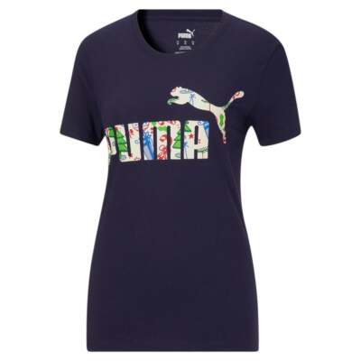 

Puma Holiday Fill Graphic Crew Neck Футболка с коротким рукавом Женские синие повседневные топы, Синий