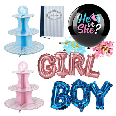 6 tlg Baby Gender Reveal Party Deko Set Girl Boy Ballon Shower Etagere Rosa Blau