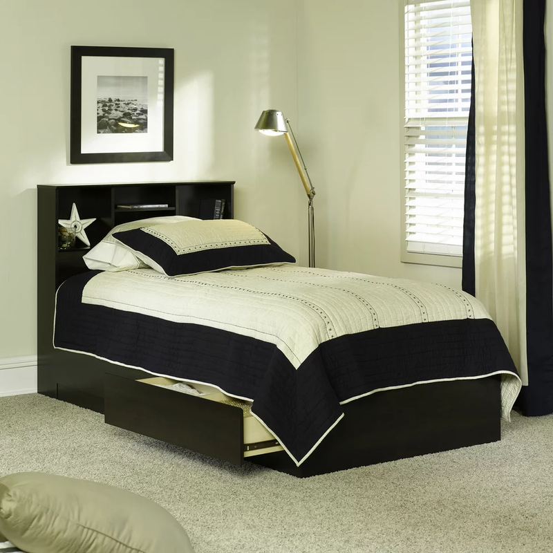 TWIN BED FRAME with Storage & Bookcase Headboard Shelving Brown