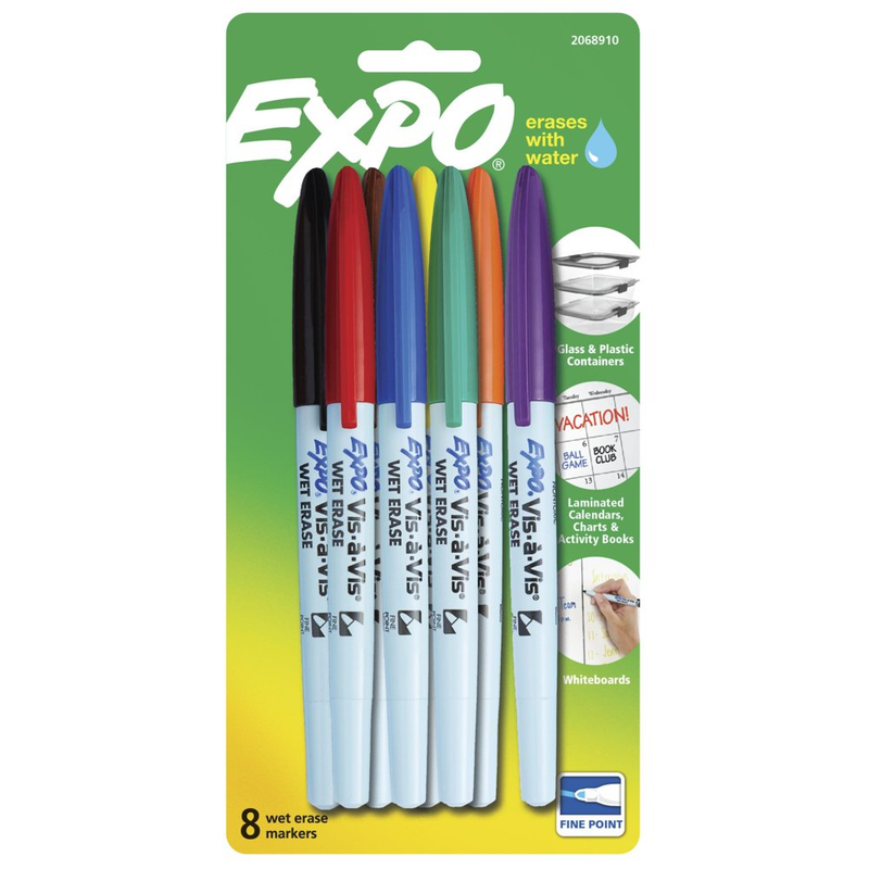 Vis-A-Vis Wet Erase Markers, Fine Point, Assorted Colors, 8 Count