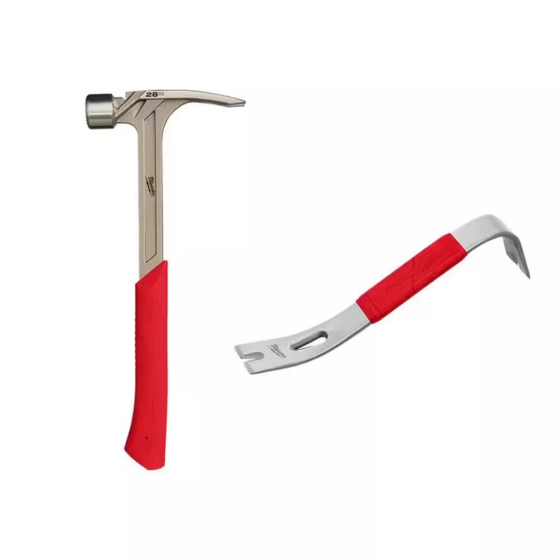 Milwaukee Framing Hammer Pry Bar Set 28 oz Milled Face Rip Claw 12 Inch Tool Kit