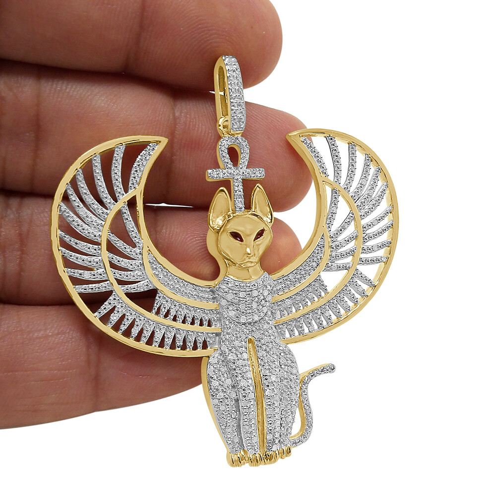 Pre-owned Us Diamond King Real Diamond Anubis Egyptian God Ankh Cross Pharaoh 10k Gold Over Charm Pendent
