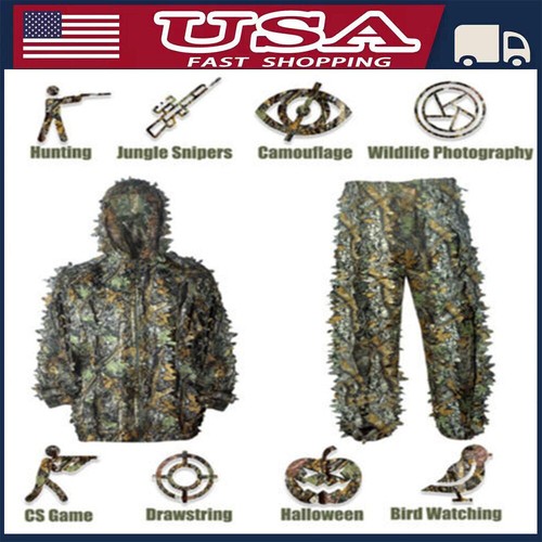 Camo Ghillie Suit Hunting Camouflage 3D Leafy Hooded Jacket Pants Clothes Fr Men