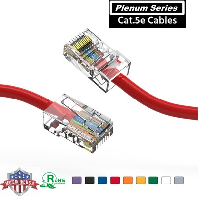 Plenum Cat5e Patch Cable CMP Rated UTP 24AWG Pure Copper, 14Ft up to 75Ft