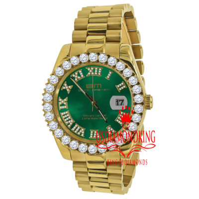 Pre-owned Bling Master Mens Solid Steel Green Dial 18k Gold Simulated Diamonds Presidential Watch 42mm