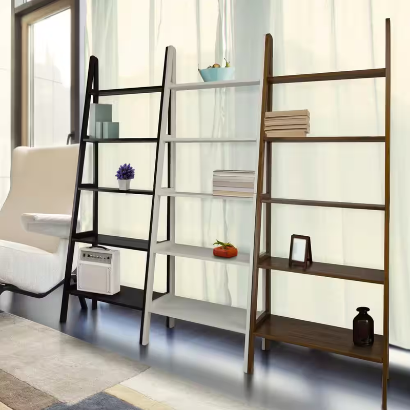 Wood 5-shelf Ladder Bookcase 72 in. Tall Bookshelf White with Open Style Back