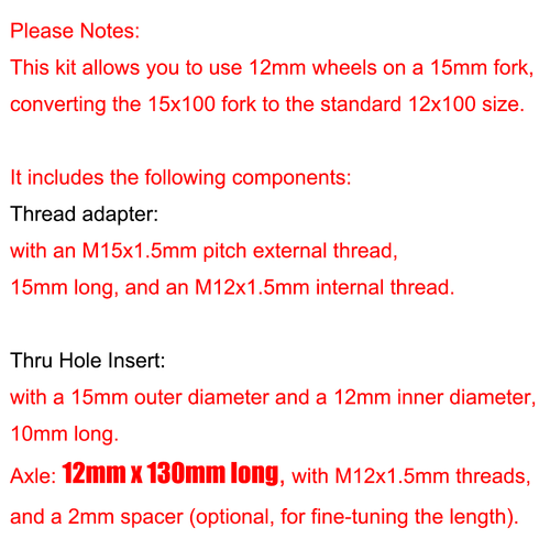 15 to 12mm Fork Thru Axle Conversion Kit For Most Road & Gravel Cyclocross Forks