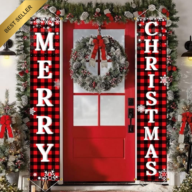 Red Black Buffalo Plaid Christmas Outdoor Yard Porch Door Banner Sign Set