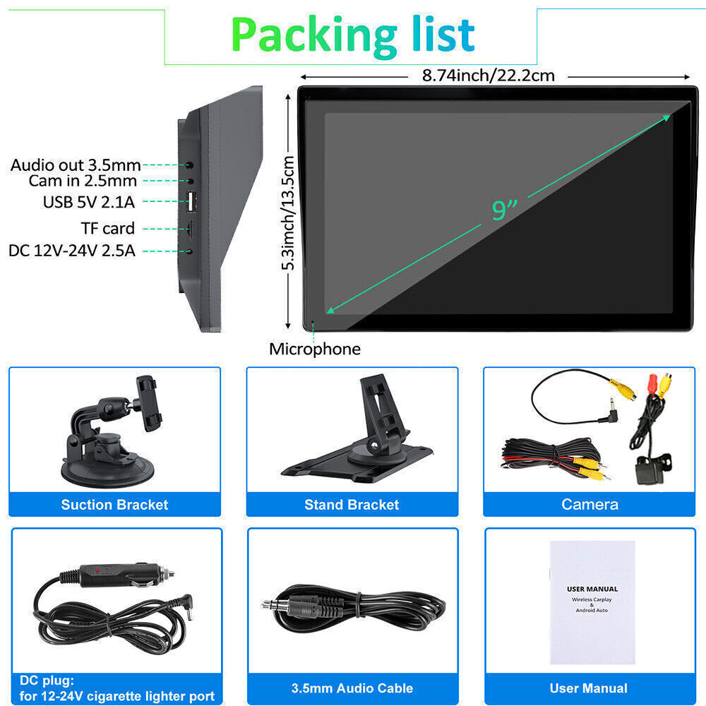 Plug Play Car Truck Portable Radio Srereo Wireless Auto Link Apple Carplay + Cam