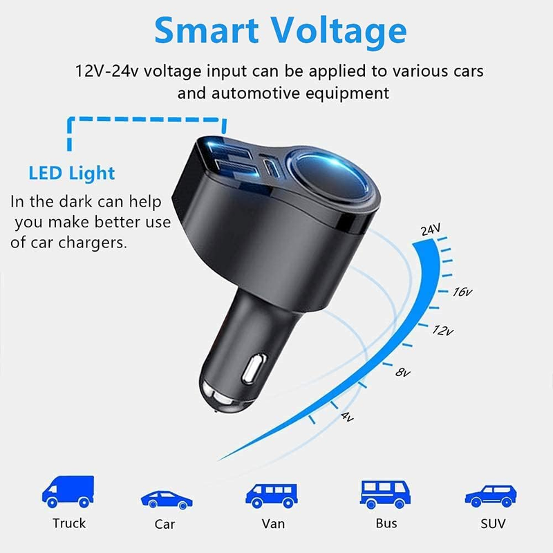 4 in 1 USB C Car Charger, 168W Multi USB Cigarette Lighter Adapter, Socket Split