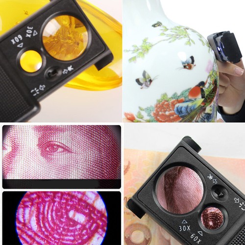 30X 60X Coin Jeweler Eye Loupe Magnifier Diamond Loop LED UV Light For collector