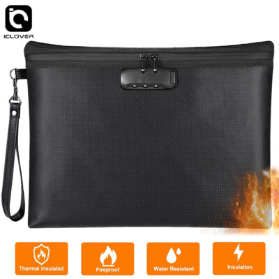 14x10'' Fireproof Document Bag With Lock Waterproof Safe Cash A4 Travel Large