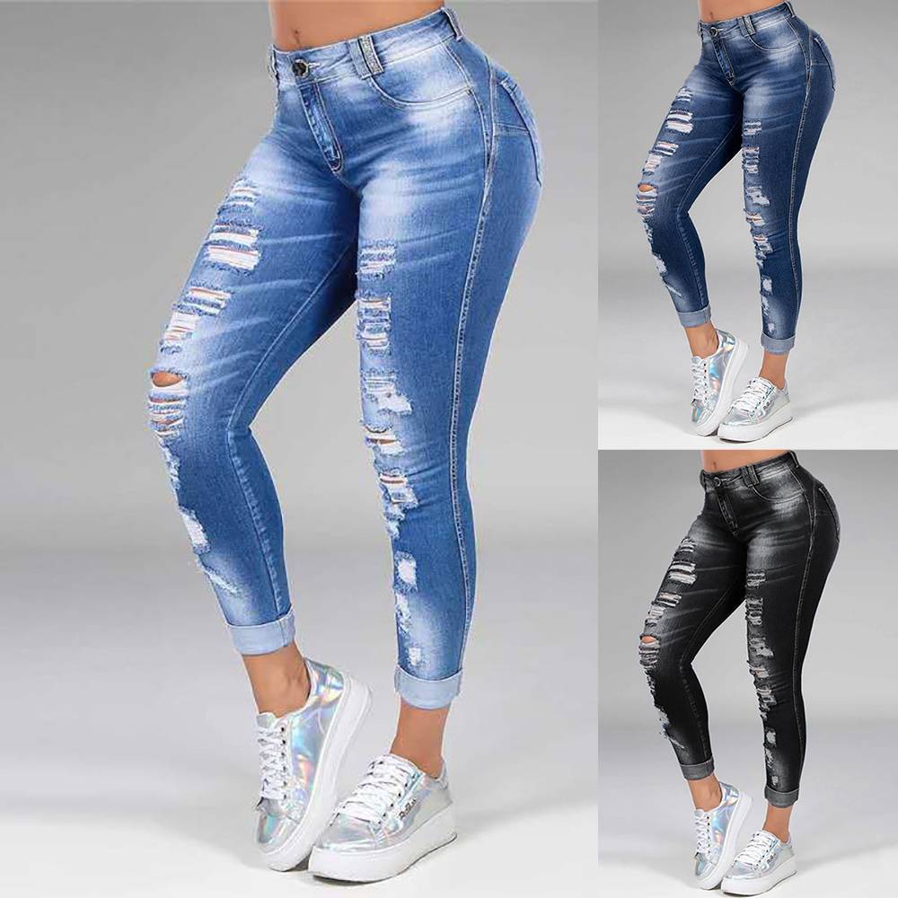 Ladies High Waist Denim Pants Slim Trousers