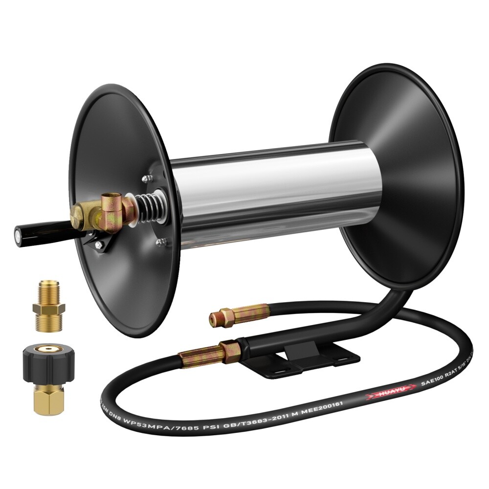 Pressure Washer Hose Reel 100ft Metal Hose Reel Hand Crank w/ 3/8" Hose 4000 PSI